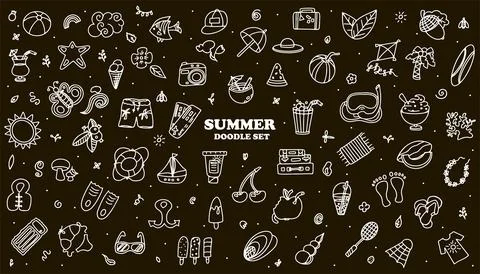 A Big vector doodle summer set. Hand draw accessories for beach holidays by the Illustrazione stock