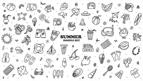 A Big vector doodle summer set. Hand draw accessories for beach holidays by the Stock Illustration