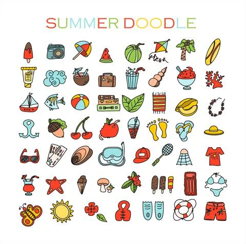 A Big vector doodle summer set. Hand draw accessories for beach holidays by the Stock Illustration