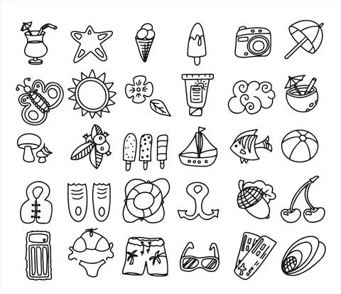 A Big vector doodle summer set. Accessories for beach holidays by the sea. Flat Stock Illustration