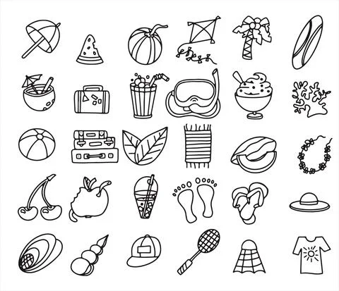 A Big vector doodle summer set. Accessories for beach holidays by the sea. Flat Stock Illustration