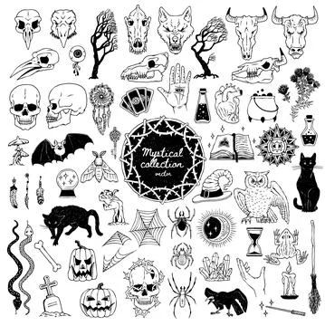 Big vector hand drawn set of mystical, occult, boho and witchcraft elements. Illustrazione stock