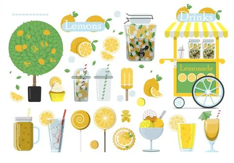 Big vector lemonade set. Flat illustration of glasses of lemonade, lemons cut Stock Illustration