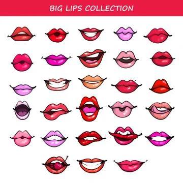 Big Vector lips set comic fashion emotions pop art style different color Stock Illustration