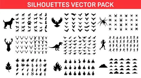 Big vector pack of silhouette designs of different animals and objects. 스톡 일러스트
