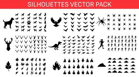 Big vector pack of silhouette designs of different animals and objects. Stock Illustration