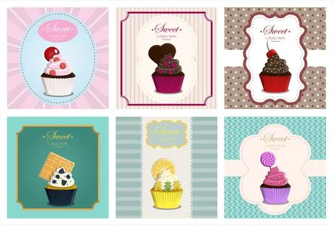 Big vector retro set. Cupcakes with topping with a geometric background. Vector Stock Illustration