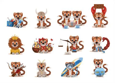 Big vector set of 12 zodiac signs, a baby tiger in the form of aries, Taurus Stock Illustration