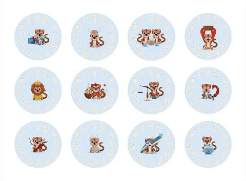 Big vector set of 12 zodiac signs, a baby tiger in the form of aries, Taurus Stock Illustration