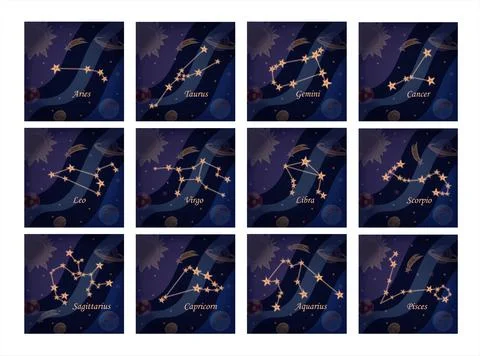 Big vector set of 12 zodiac signs, constellations of aries, Taurus, gemini Stock Illustration