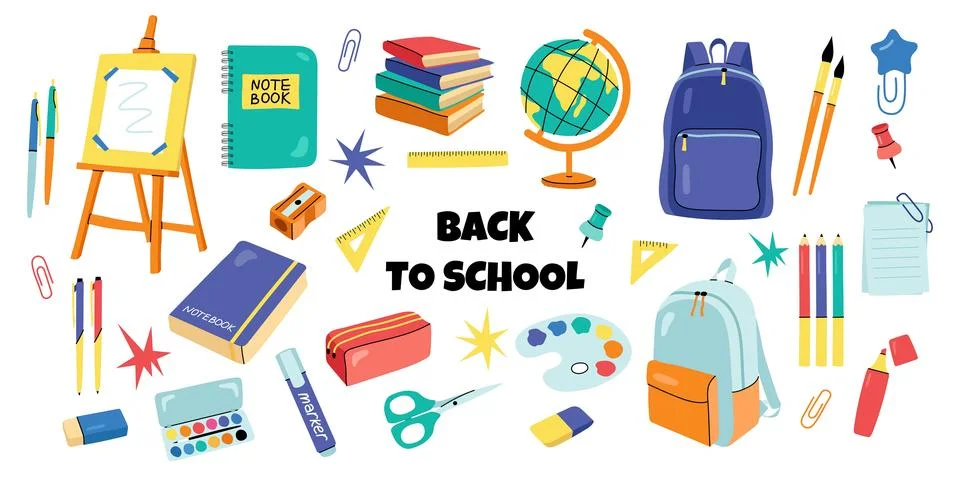 Big vector set of back to school elements icons and stationery supplies on .. 库存插图