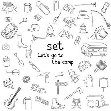 Big vector set of camping elements, hand-drawn in doodle style Illustrazione stock