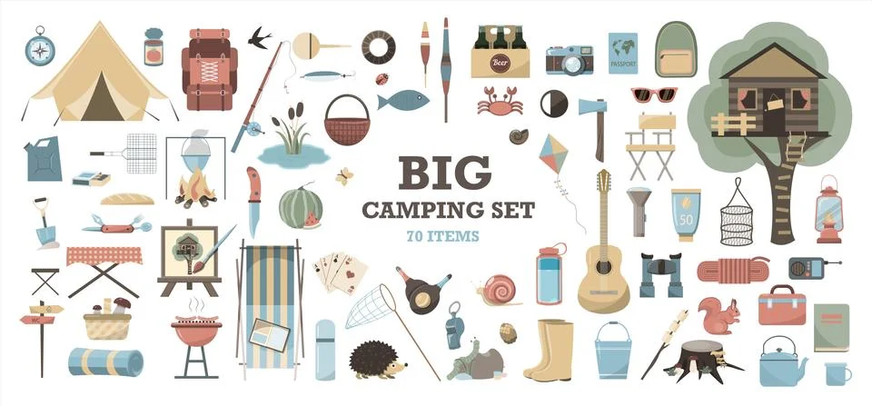 Big vector set for camping. Equipment for Hiking, mountaineering and camping-a Stock Illustration