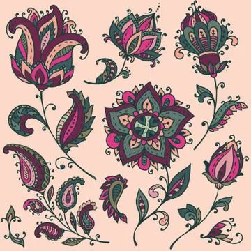 Big vector set of colorful henna floral elements Stock Illustration