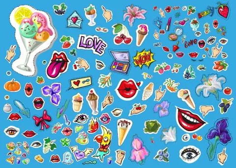 Big vector set of cute funny comic cartoon object, eye, sparrow,pizza, dagger Stock Illustration