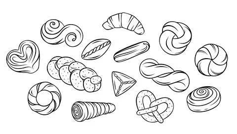 Big vector set, delicious pastries, braided buns, pies, croissant, waffle t.. Stock Illustration