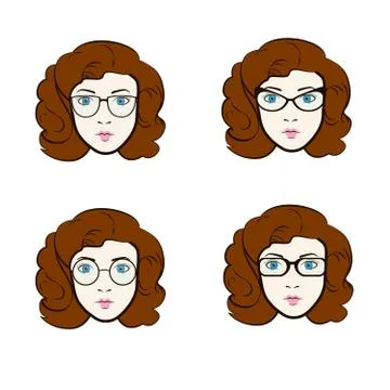 Big vector set of different women in trendy models of eyeglasses Stock Illustration