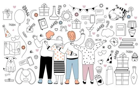Big vector set of doodles about friendship, holidays and love. People are friend Stock Illustration