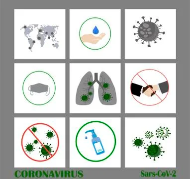 Big vector set of flat icons - world coronavirus pandemic on a gray backgroun Stock Illustration