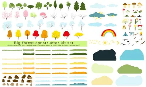 Big vector set of forest, park and weather elements, various trees, shrubs, g Illustrazione stock