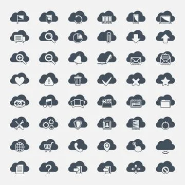Big vector set of forty-six black cloud  shapes with icons Stock Illustration