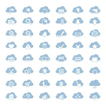 Big vector set of forty-six blue cloud  shapes with white icon Stock Illustration