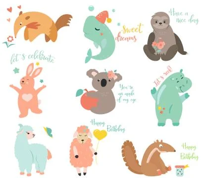 Big vector set of funny cartoon animals Stock Illustration