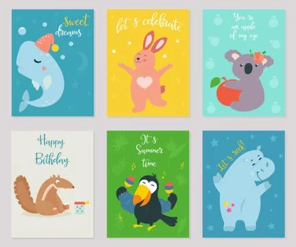 Big vector set of funny postcards with animals Stock Illustration