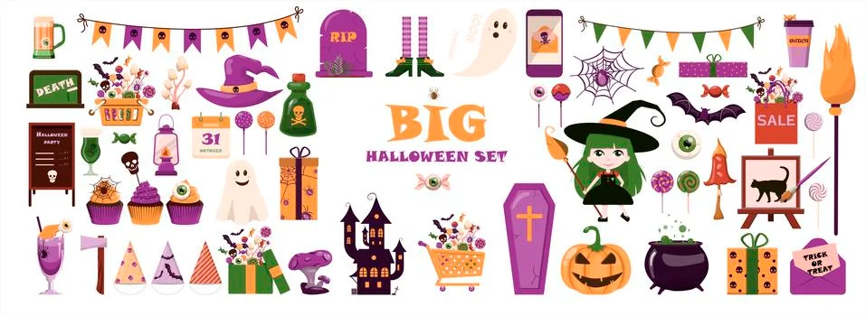 A big vector set for Halloween. Flat design. Cartoon template for invitations Stock Illustration