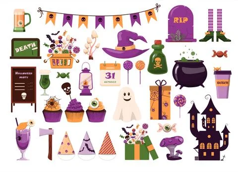 A big vector set for Halloween. Flat design. Cartoon template for invitations Stock Illustration