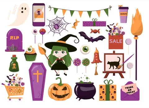 A big vector set for Halloween. Flat design. Cartoon template for invitations Stock Illustration