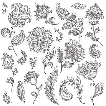 Big vector set of henna floral elements Stock Illustration