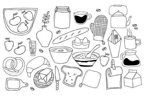 Big Vector Set of kitchen tools doodles and products. Kitchen utensils, food pre Stock Illustration