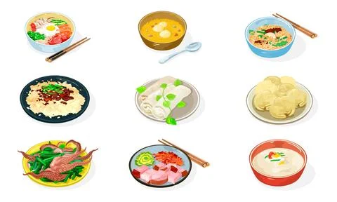 Big vector set of korean dishes in bowls, plates, sauces, condiments, chopsticks Illustrazione stock