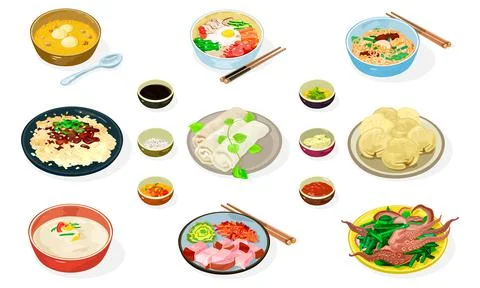 Big vector set of korean dishes in bowls, plates, sauces, condiments, chopsticks Stock Illustration
