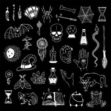 Big vector set of mystical, occult and witchcraft elements on black background Stock Illustration