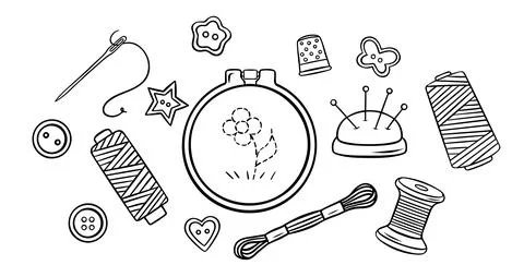 Big vector set, needlework, embroidery accessories, threads, buttons, pins,.. Illustrazione stock