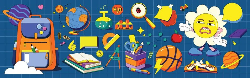 Big vector set with school subjects. flat illustrations Stock Illustration