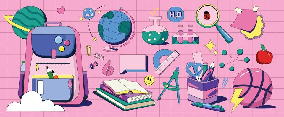 Big vector set with school subjects. Collection of flat illustrations. Stock Illustration