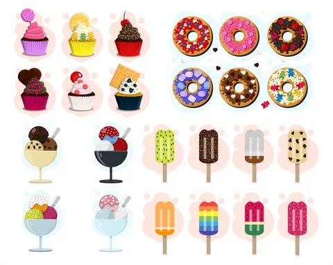 A big vector set of sweet pastries. Illustration of different types of ice cream Stock Illustration