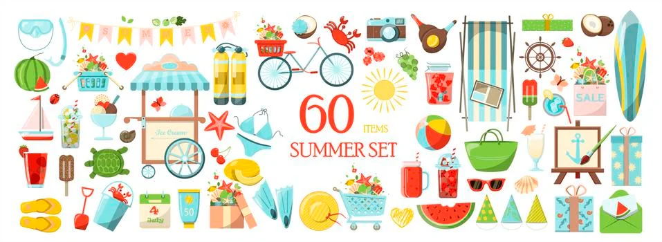 A Big vector summer set. Accessories for beach holidays by the sea. Flat design Stock Illustration