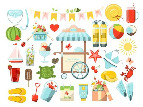 A Big vector summer set. Accessories for beach holidays by the sea. Flat design Stock Illustration