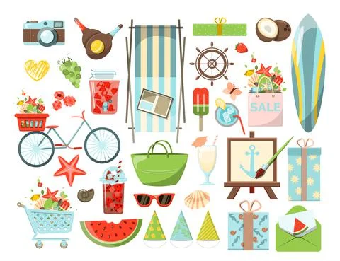 A Big vector summer set. Accessories for beach holidays by the sea. Flat design Stock Illustration
