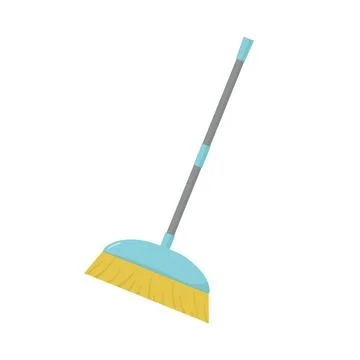 Big vector yellow broom with long handle. Household implement from dust and d Stock Illustration