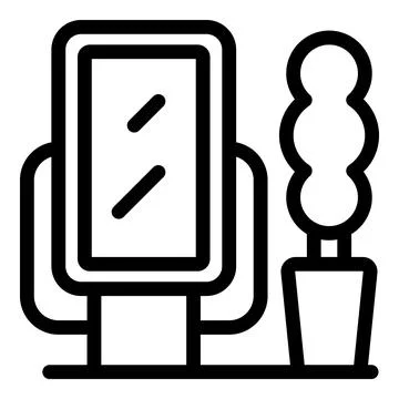 Big vertical mirror standing on the floor near potted plant icon Stock Illustration