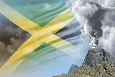 Big volcano blast eruption at day time with white smoke on Jamaica flag Stock Illustration