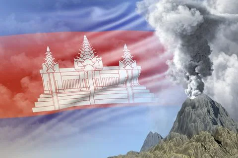 Big volcano blast eruption at day time with white smoke on Cambodia flag Stock Illustration