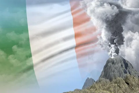 Big volcano blast eruption at day time with white smoke on Ireland flag Stock Illustration