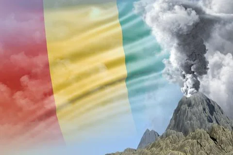 Big volcano blast eruption at day time with white smoke on Guinea flag Stock Illustration