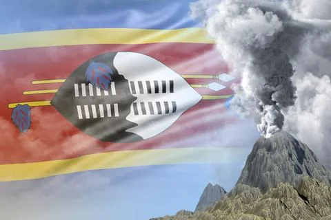 Big volcano blast eruption at day time with white smoke on Swaziland flag Stock Illustration